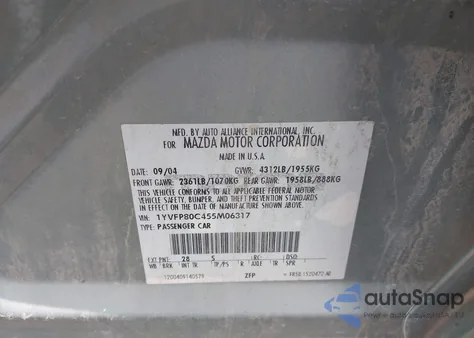 2005 Mazda Mazda6 I Base from USA, damaged, VIN 1YVFP80C455M06317